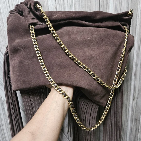 Veronica Beard Large Suede Fringe Slouch Shoulder Bag - Picture 7 of 16